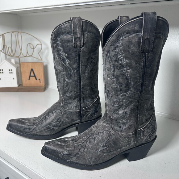 Laredo Shoes - Laredo Black Western Boots Mens 7.5D Womens 9 Leather Cowboy Inlay Classic